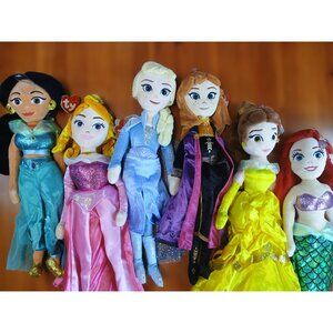 Disney TY Sparkle Princess Plush Lot Anna Elsa Ariel Jasmine Aurora Belle